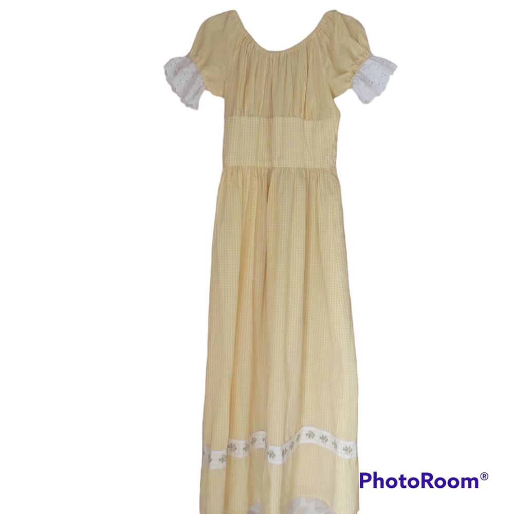 Handmade Yellow Gingham Puff Sleeve Eyelet Floral Prairie Cottage Dress